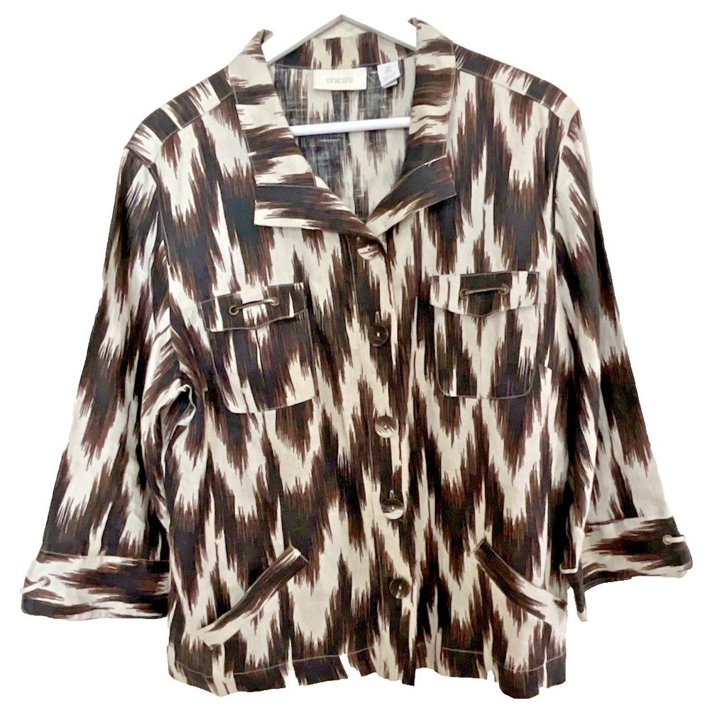 Chicos Ikat Print Button Front Safari Jacket Brown Beige Women's Size 2 US 12